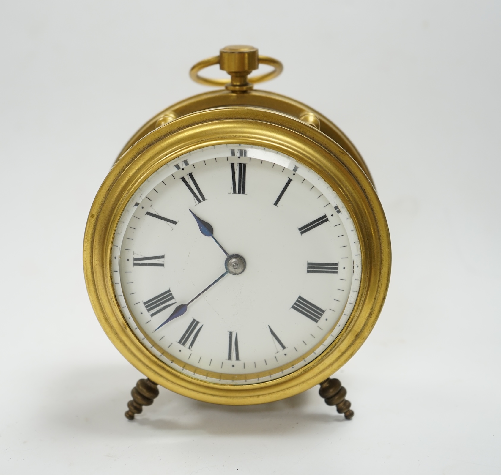 A late 19th century brass and glass drum shaped timepiece unusually with an English single fusee movement with platform lever escapement, 12.5cm high. Condition - good, unchecked if in working order